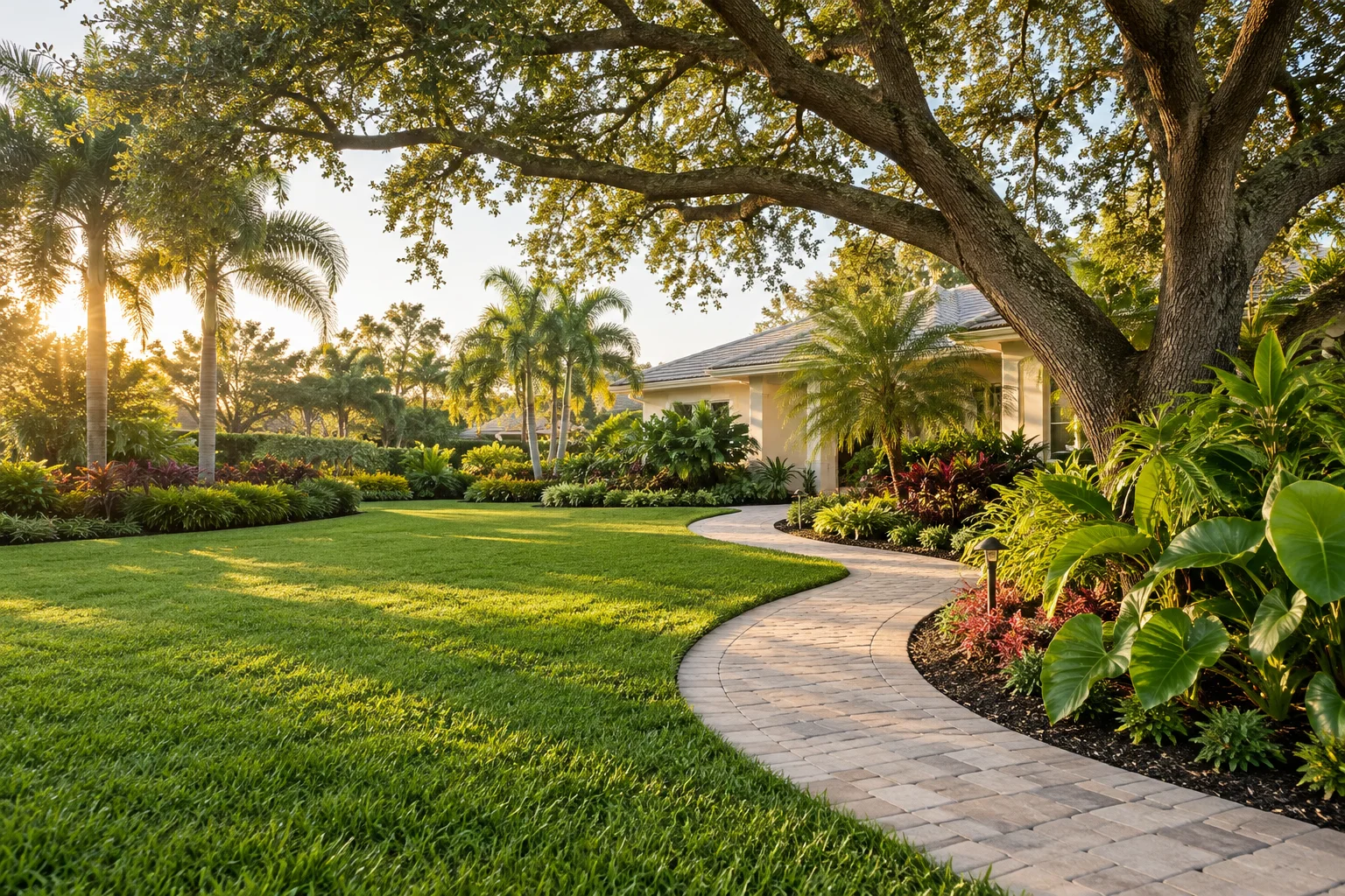 Landscape concept with a green lawn, curving paver path, palms and a mature shade tree